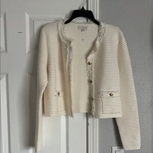 J. Crew Cream Frayed-Trim Ribbed Cardigan with Gold Buttons
